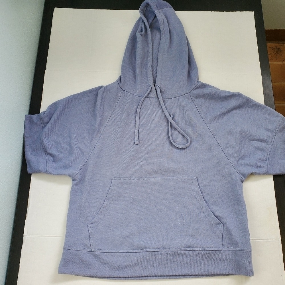 Prana Womens Short Sleeve Hoodie Blue French Terry Pullover Medium Made in USA